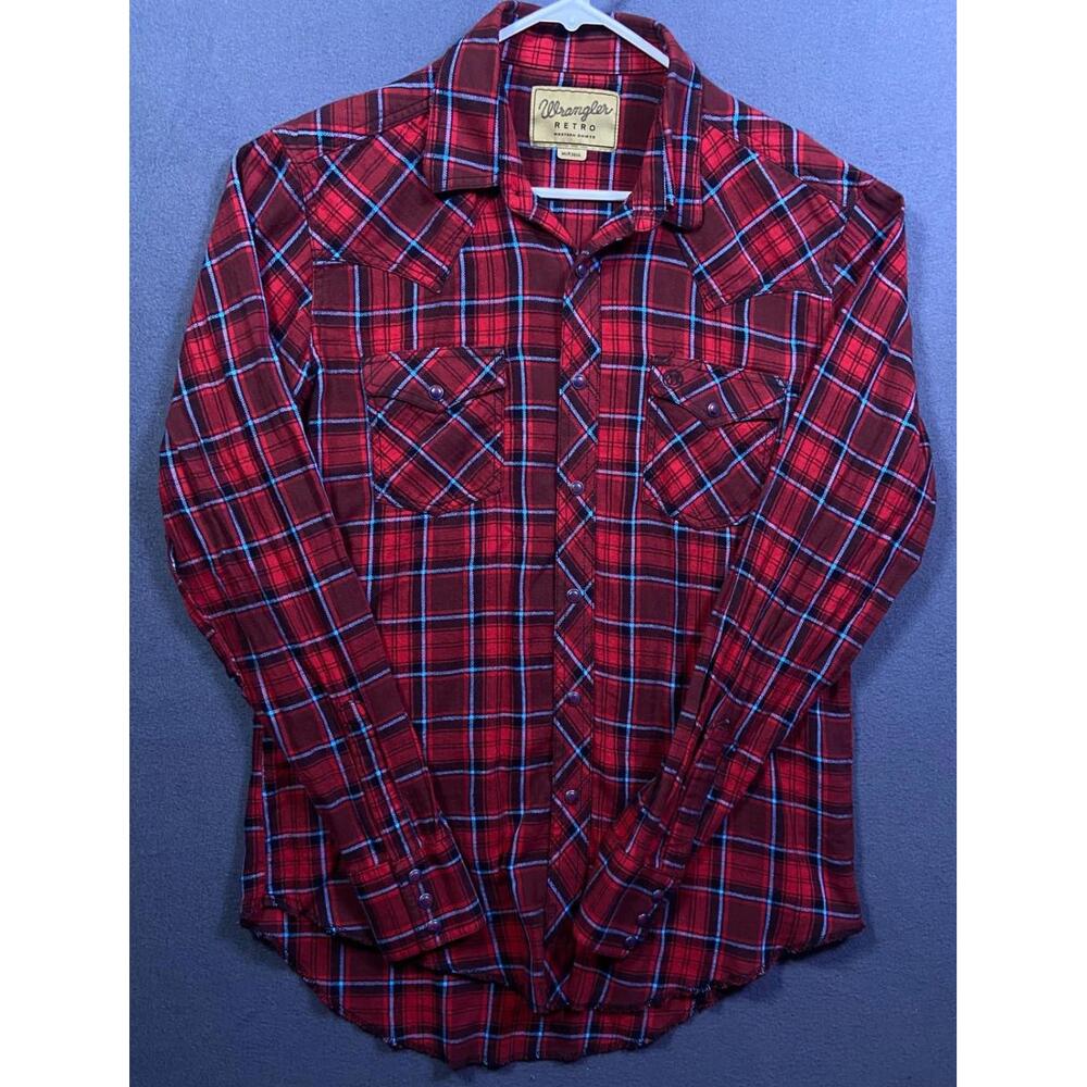 Wrangler Western Red Blue Pearl Snap Shirts Cowboy Rodeo Men's Medium Plaid EUC!